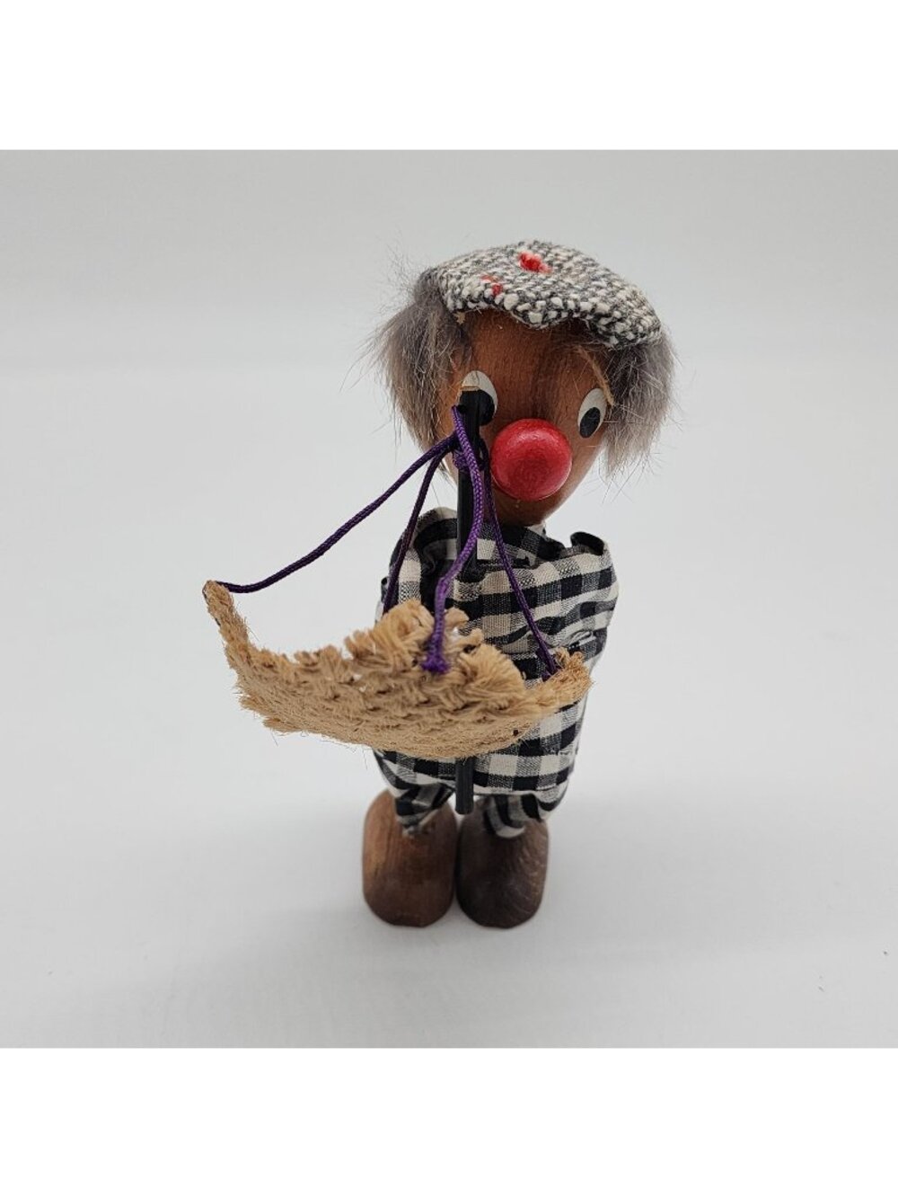 Wooden Figurine Holding Basket on Pole Checkered Outfit Straw Net Japan 4.5"